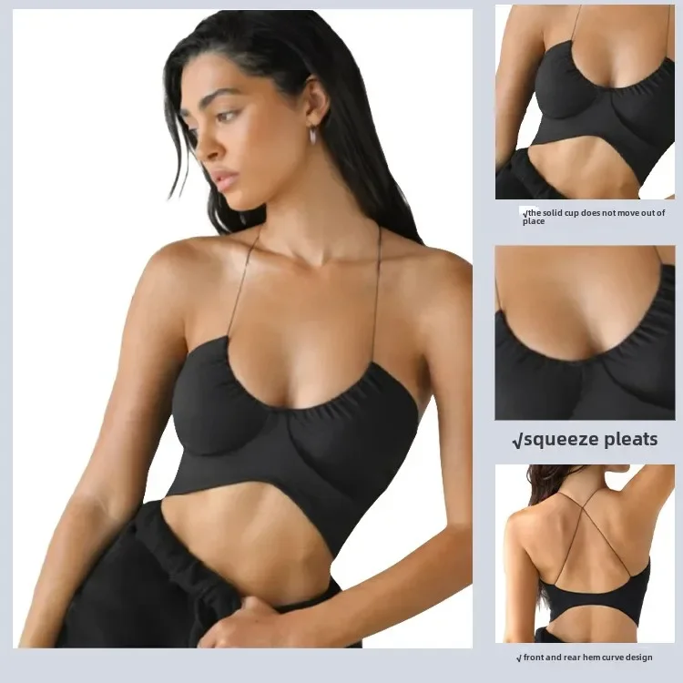 Lightweight Fitness Clothing Shockproof Exercise Underwear Yoga Running Removable Bra Vest Solid Color Suspender Neck Top