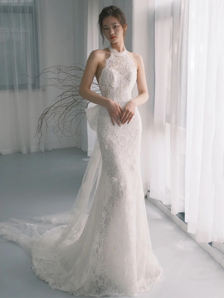 

Элегантное кружевное свадебное платье 2026 года: новая модель для невест, для мероприятий на открытом воздухе, с молнией, из мягкой атласной ткани, со средней талией, фасон «рыбий хвост»