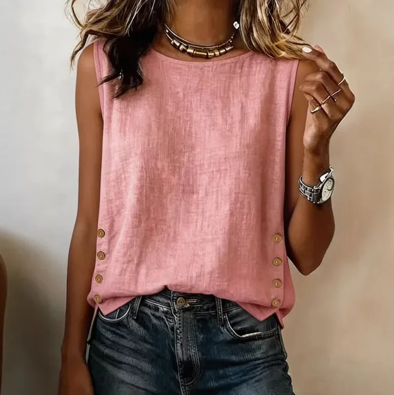 Camisa Elegante de Moda para o Verão, Nova Camisa Feminina de Gola Redonda Casual Solta com Botões em Algodão e Linho, Camisa de Cor Sólida para Mulheres