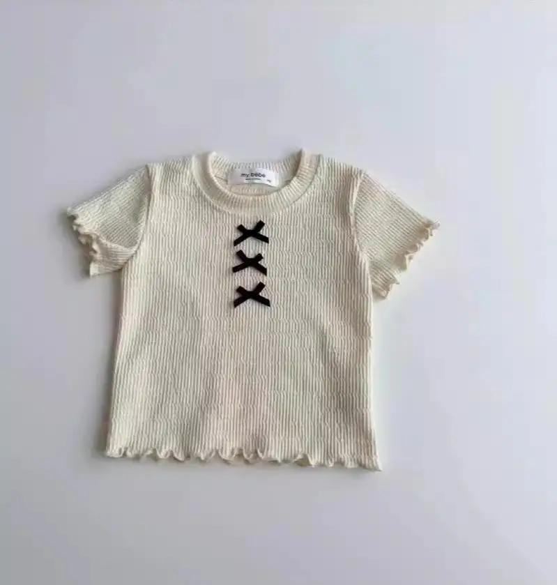 2025 Summer New Baby Girl Cute Bow Short Sleeve T Shirts Cotton Kids Toddler Casual Versatile Tops Children Fashion Lace Tees