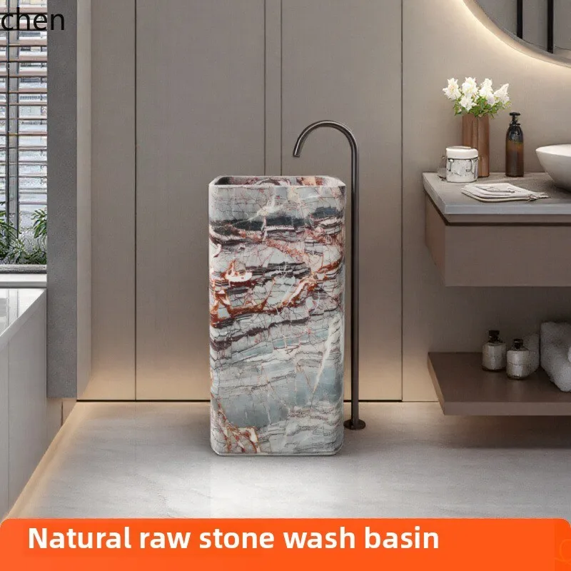 

HTT natural marble wash basin household hotel light luxury square column basin integrated floor bathroom washbasin