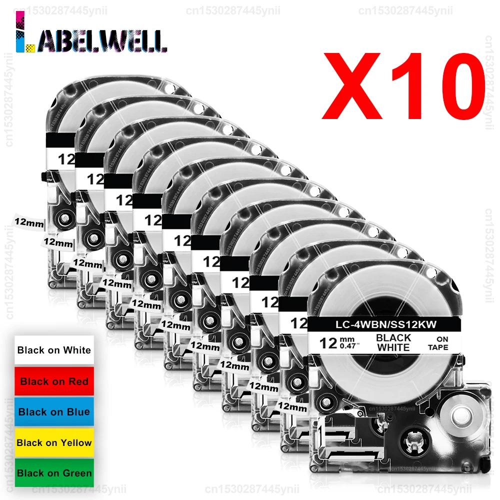 5/10PK SS12KW LK-4WBN Black on White Compatible for Epson ST12KW SC12YW 12mm Label Tape for Epson LW-300 LW-400 Label Printer