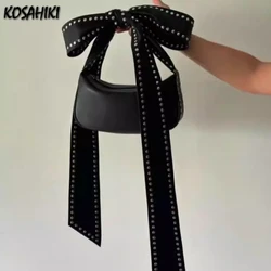 Sweet Y2k Aesthetic Punk Bow Rivet Top-Handle Bags Fashion All Match Shoulder Underarm Bag Women Chic Simple Purses and Handbags