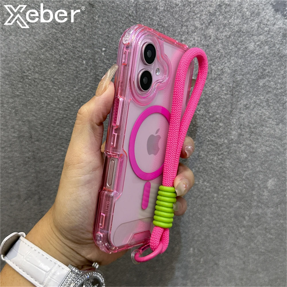 Luxury With Lanyard Clear For Magsafe Phone Case For iPhone 14 11 12 13 15 16 Pro Max Shockproof Armour Wrist Strap Back Cover