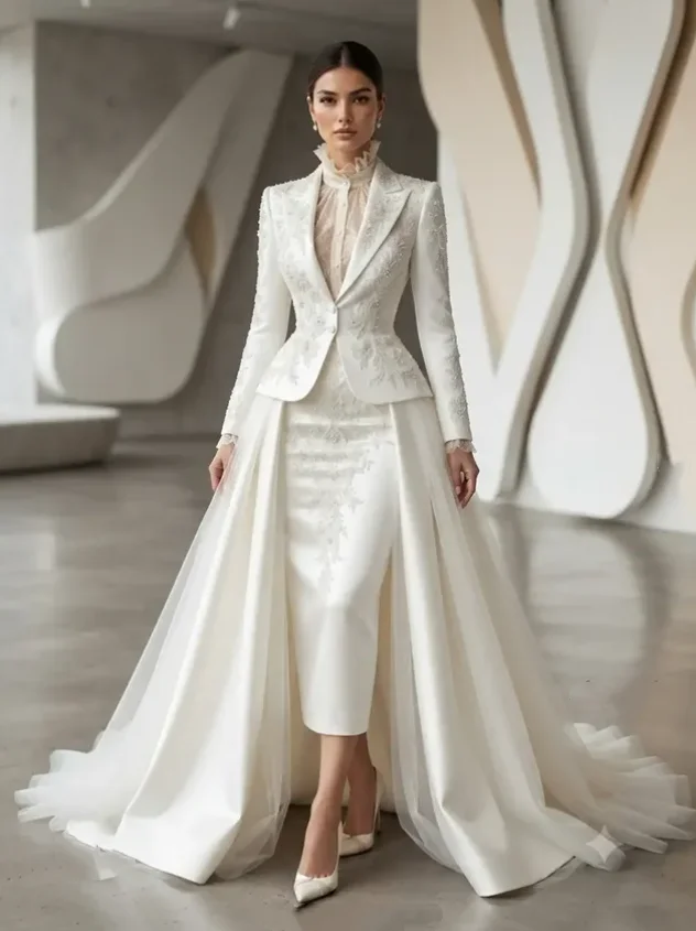 White Suit Style Wedding Dress Beaded Lace Detachable Tulle Overskirt Two Pieces Bridal Gown Customized robe de mariée vestido