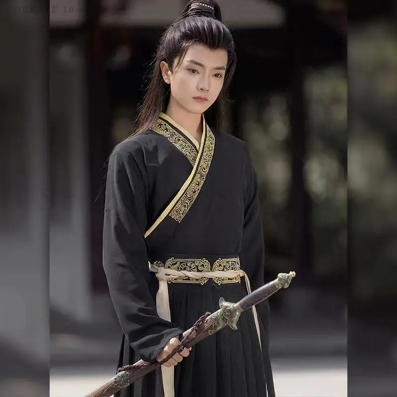 남자 웨이 진 Hanfu 세트 전통 Chiense 고대 크로스 칼라 자수 탑 스커트 빈티지 로얄 나이트 코스프레 의류