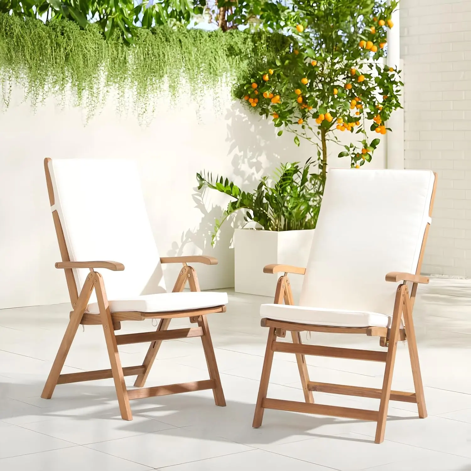 Folding Patio Dining Chair Set of 2, Wood Chair, Beige | Outdoor Solid Acacia Wood Reclining Chairs with Armrests