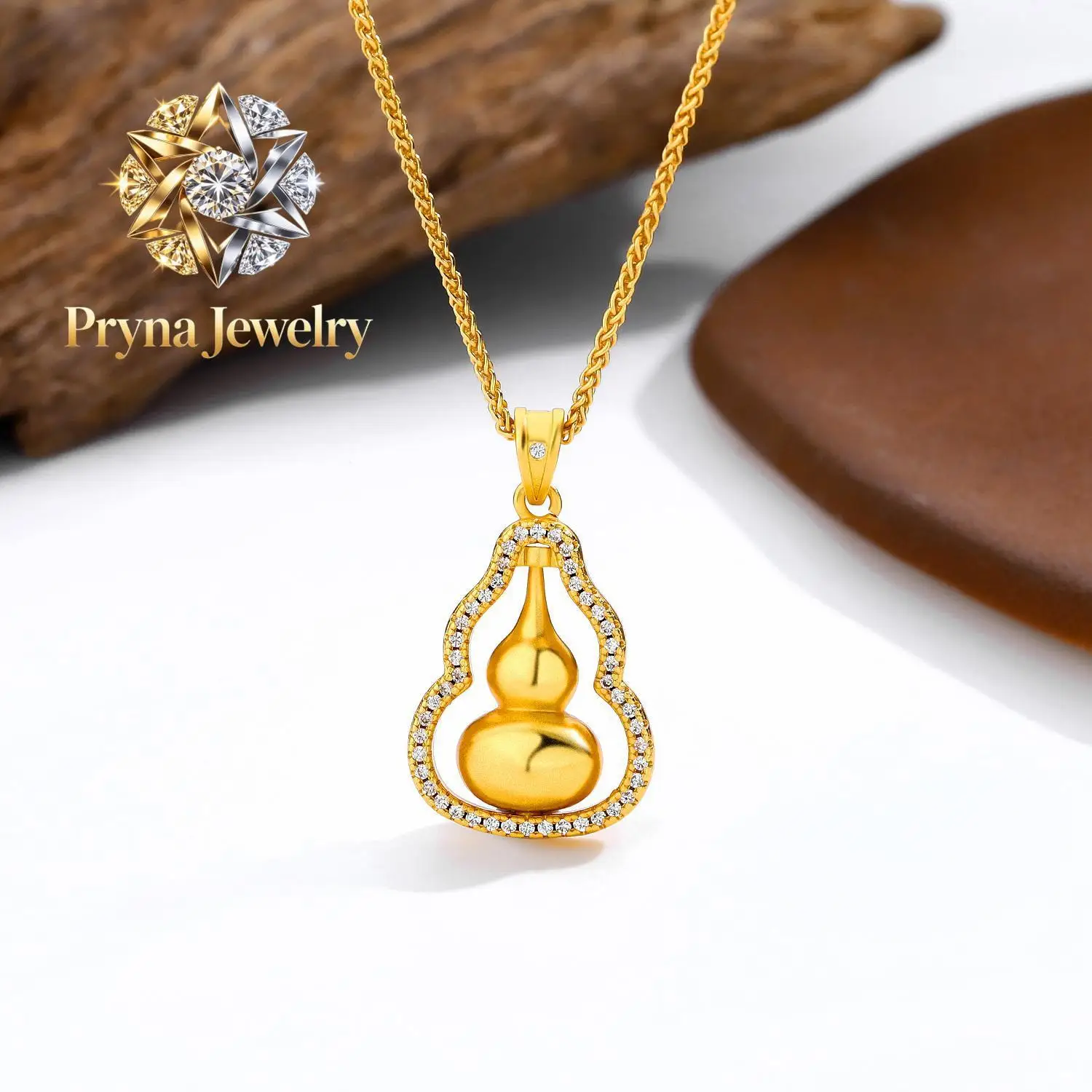 Pryna Jewelry  999 24K real gold gourd rotation necklace Women's fashion new Chinese ancient micro inset zircon design collarbon