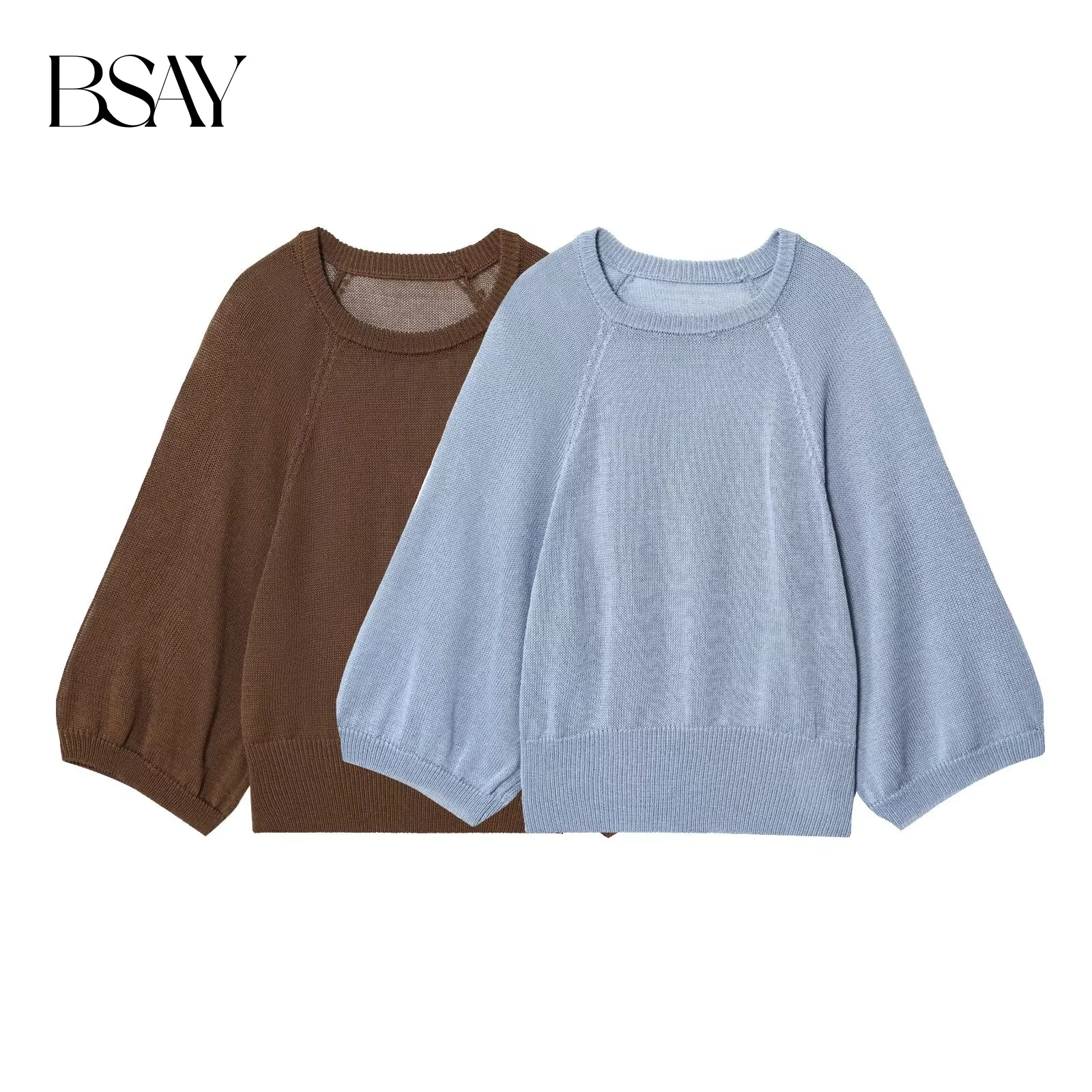 

BSAY французский дизайн с широкими рукавами и круглым вырезом, осенний новый товар 2025 года, стиль отпуска, повседневный свободный универсальный вязаный свитер, топ