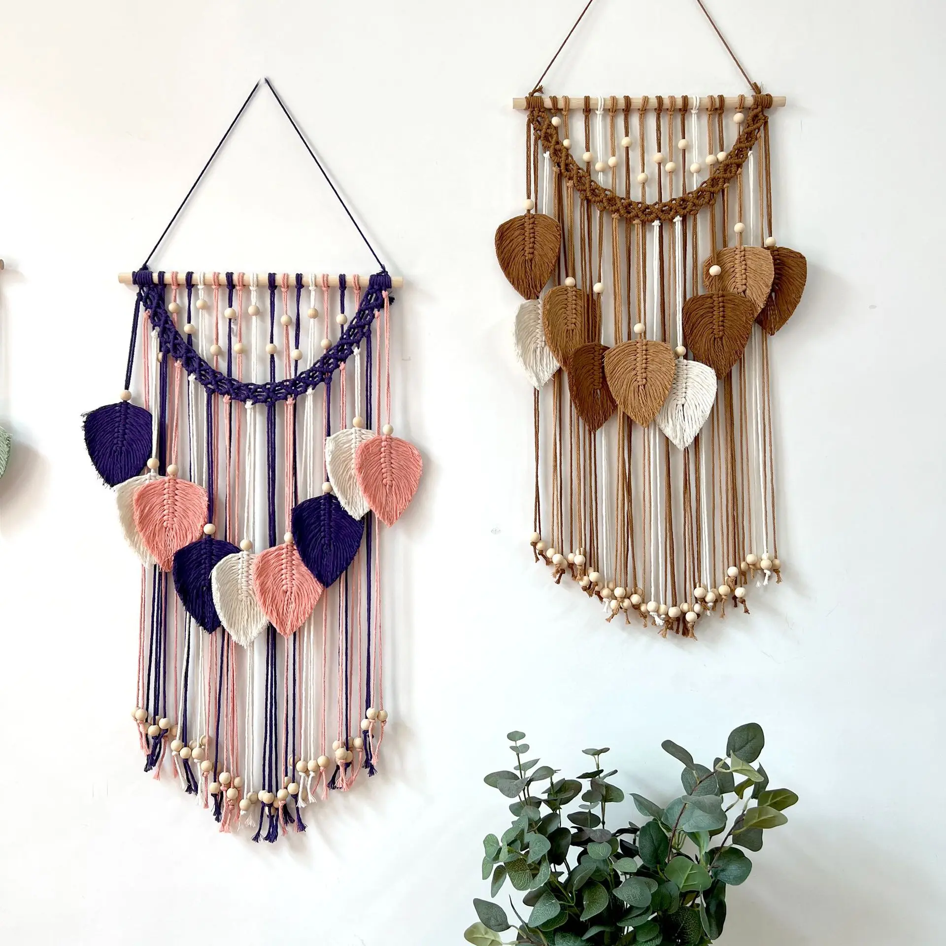 Multicolor Leaves Tapestry Boho Hand Woven Macrame With Wooden Beads Crafts Wall Hanging Nordic Home Decoration Mother Day Gift