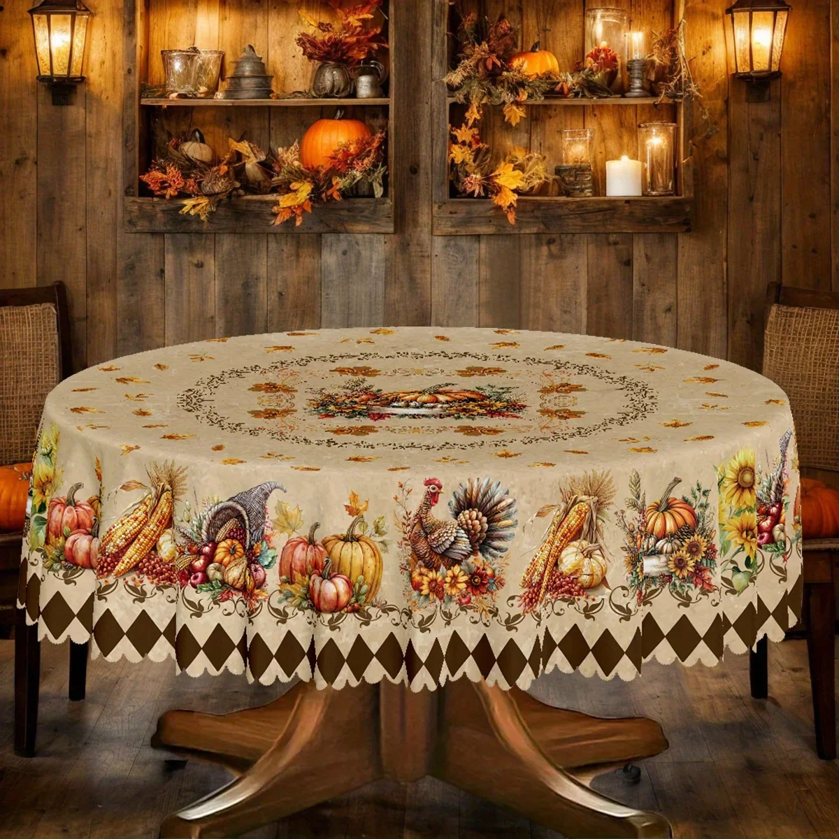 One round polyester tablecloth - Harvest Thanksgiving checkered turkey pumpkin corn maple leaf sunflower country style designxzj