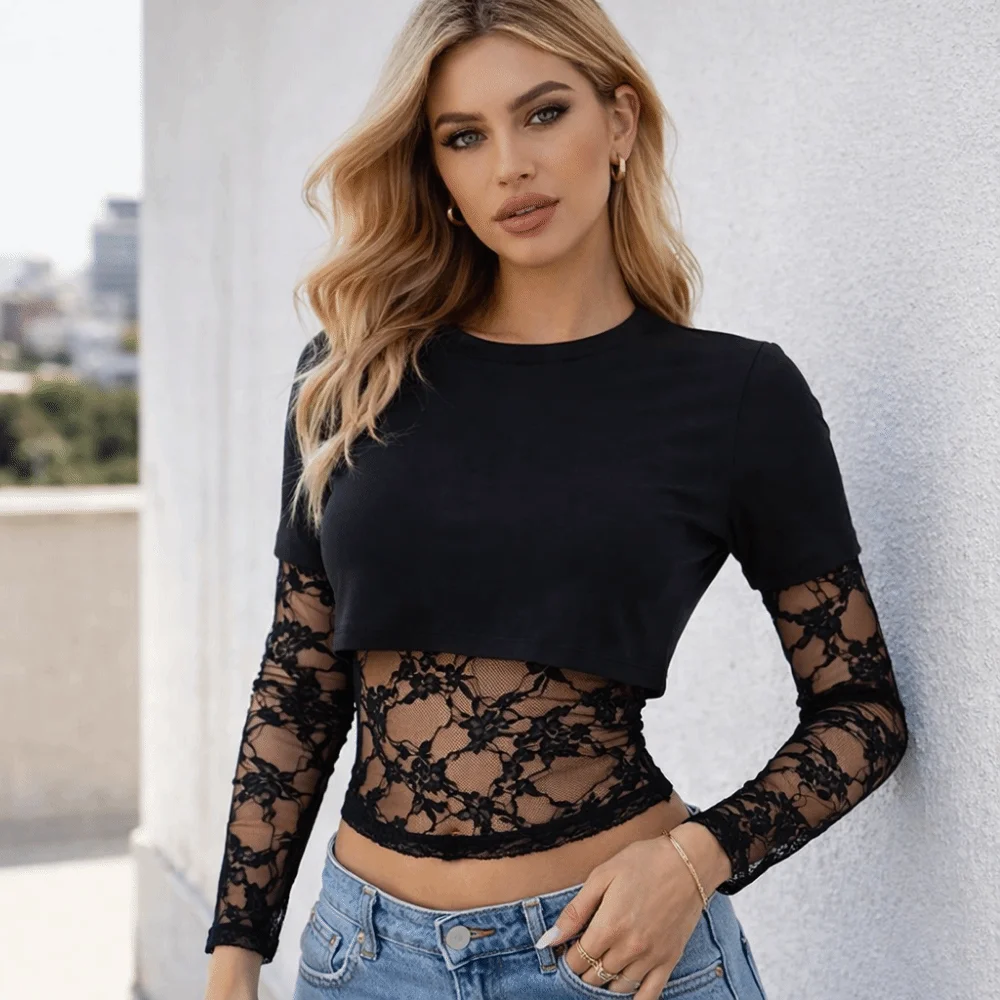 Sweet Patchwork Lace Patch T-Shirt Solid Color Mesh Transparent Slim-Fit Crop Top Long Sleeve Fake Two T-shirts Vacation Wear