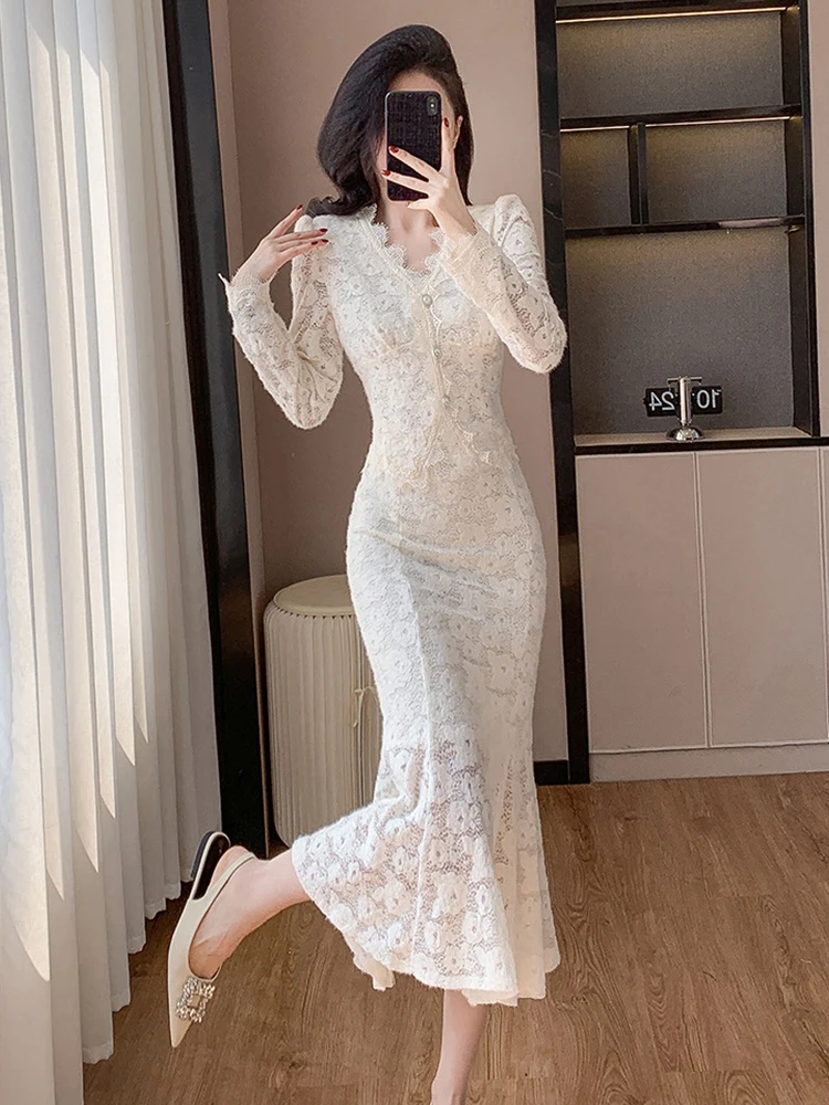 

New Women Elegant Lace 2 Piece Set Spring V Neck Slim Tops Shirt And Mermaid Maxi Skirt Party Cocktail Outfit Dating Daily Wear
