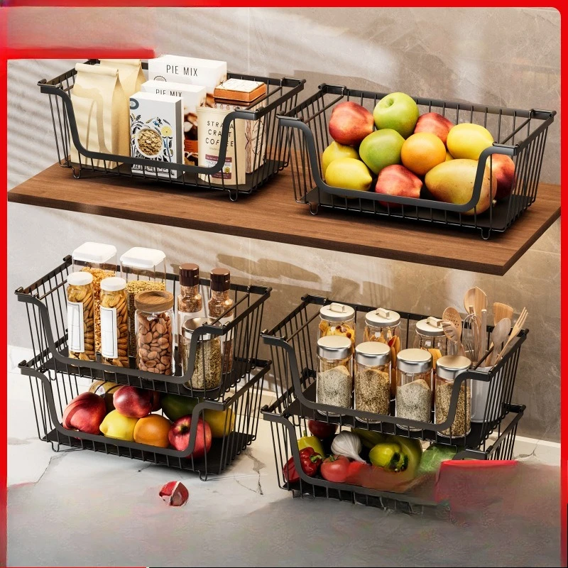 Multifunctional Stackable Storage Shelf, 3-Tier Fruit Snack Vegetable Basket for Kitchen & Pantry