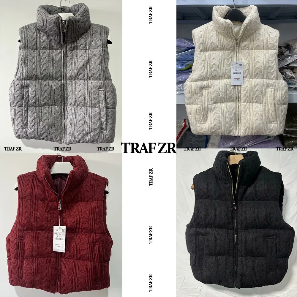 TRAF ZR Women's Winter Relaxation Sweater Vest Outer Top Textured Elegant High Collar Knit Vest with Front Welt Pockets & Zipper