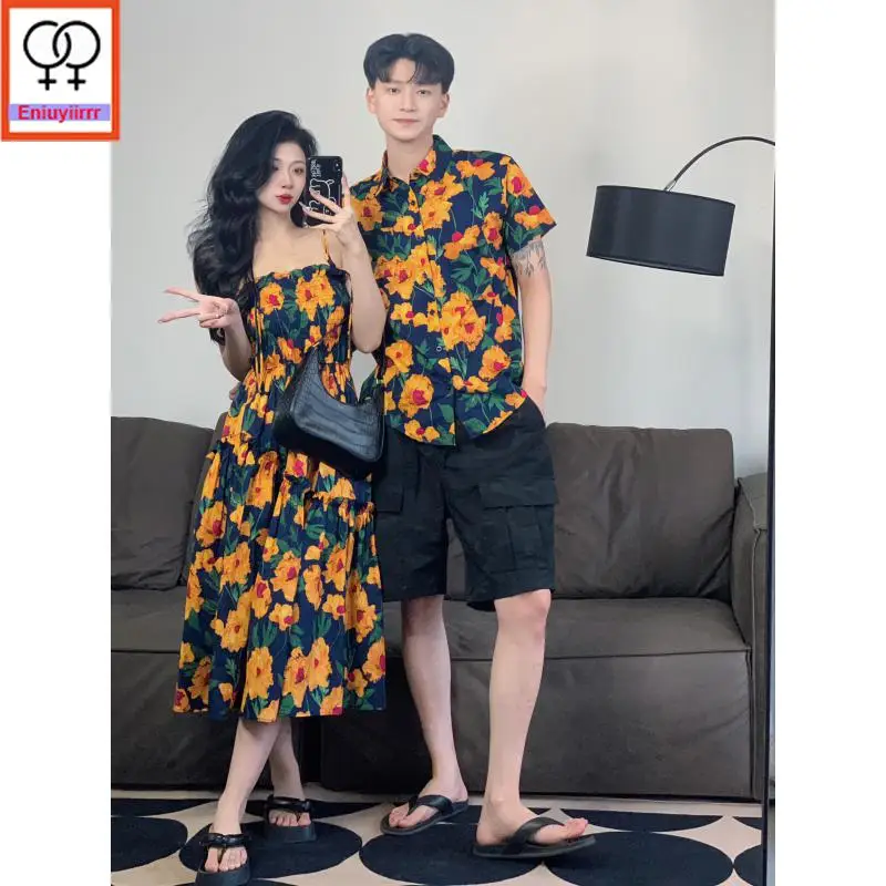 Matching Couple Hoodies Dress Lovers Clothes 2024 Summer Honeymoon Date Holiday Sexy Floral Print Sleeveless Dresses