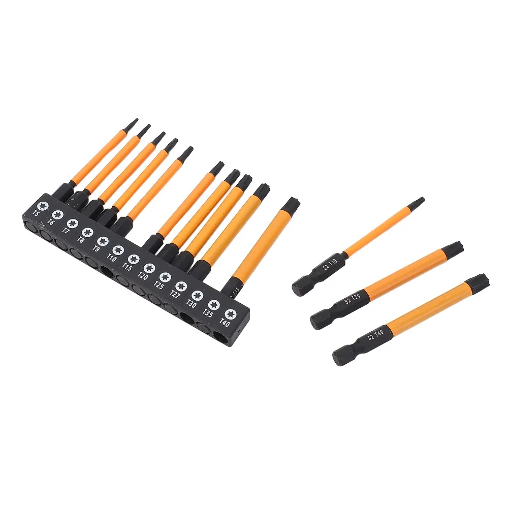 13pcs S2 Alloy Steel Star Bits Set 1/4 Inch Hex Shank Magnetic Tips Torx Head Bit Set CNC Machined 75mm Length Hex Shank Bit Set