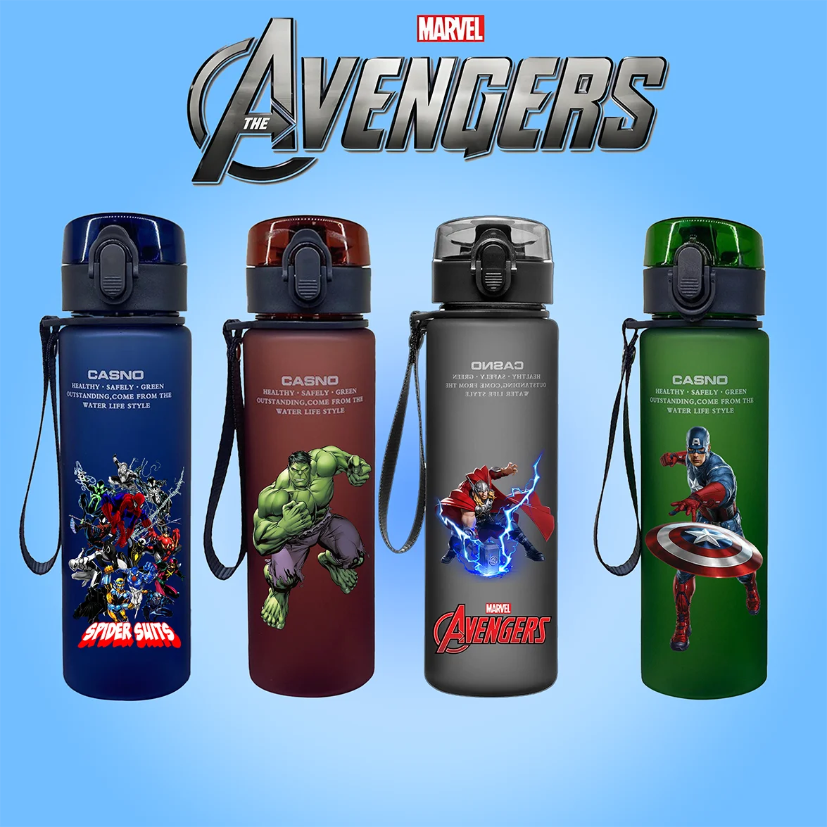 Marvel Spider-Man Iron Man Cartoon Large Capacity Anti-fall Plastic Water Cup Creative Cool Handsome Boy Sports Water Bottle