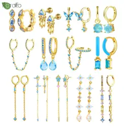 Aguja de plata de ley 925 pendientes de aro de moda mujer, colgante azul turquesa, pendientes de oro de 18K, joyería de lujo para mujer