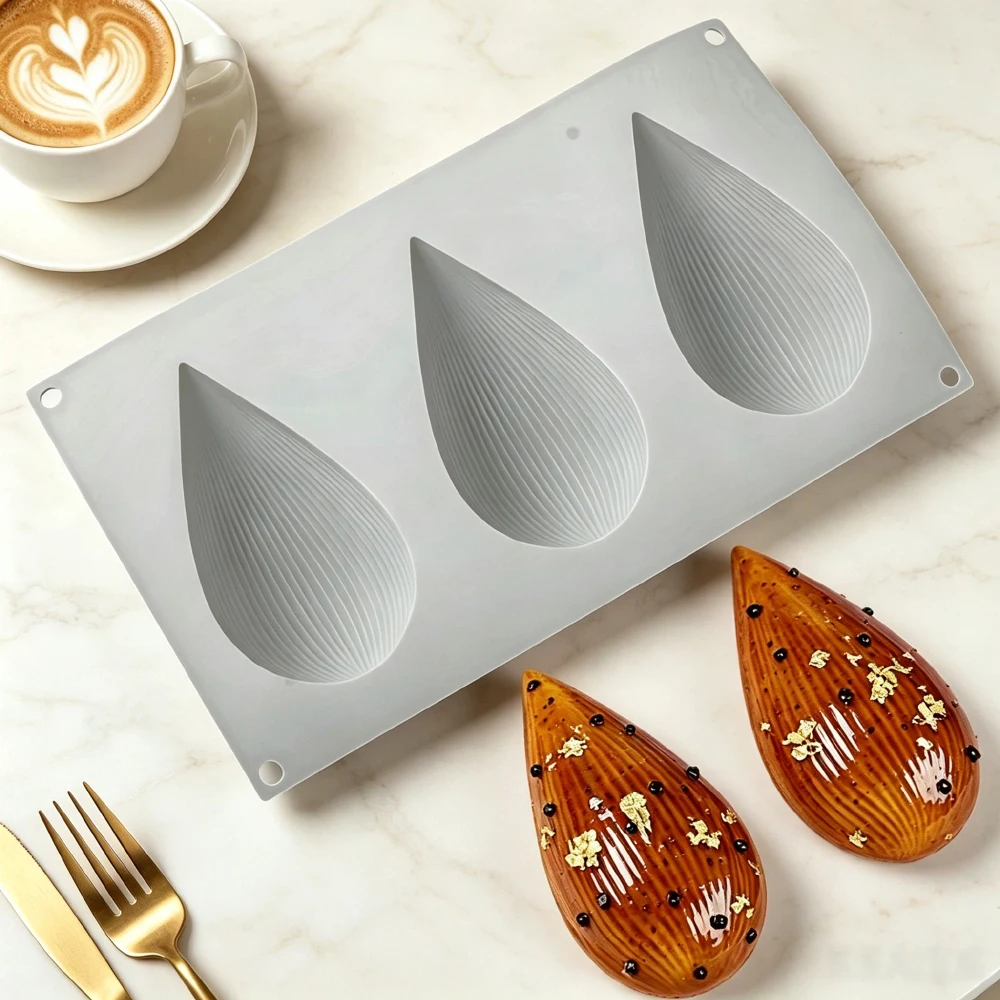 3-Cells Striped Shell Design Easter Egg Silicone Cake Mold Hand Drawn Easter Egg Chocolate Mould Easter Day Dessert Baking Tools