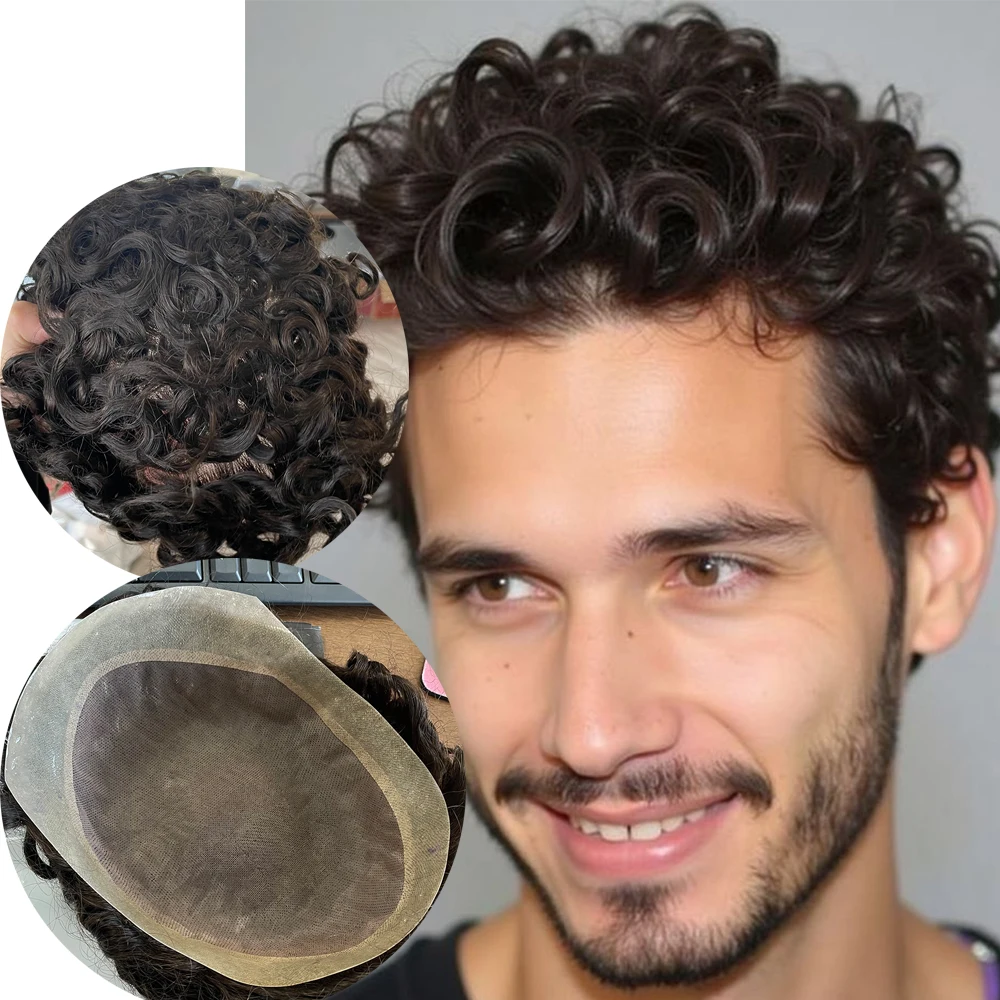 Men's Durable 100% Human Hair Toupee Fine Mono Mesh Lace PU Base Wigs Brown 20mm 25mm Curly Capillary Prothesis Systems Pieces