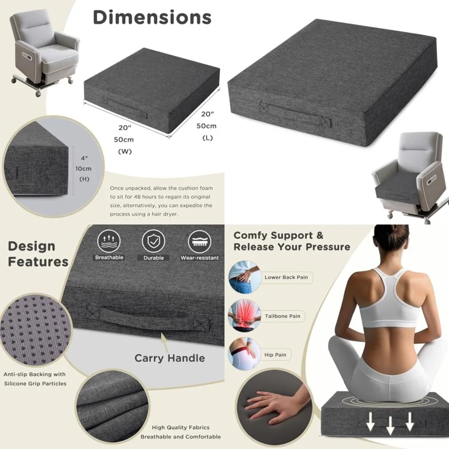 

Recliner Cushions for Elderly Thick Seat Cushion 20"x20"x4" Chair Pads with Non Slip Backing and Washable Cover for Couch Armch