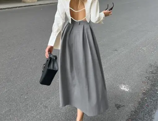 Rok Berlipat Ramping Pinggang Tinggi Kasual Komuter Abu-abu Kelas Atas Musim Gugur