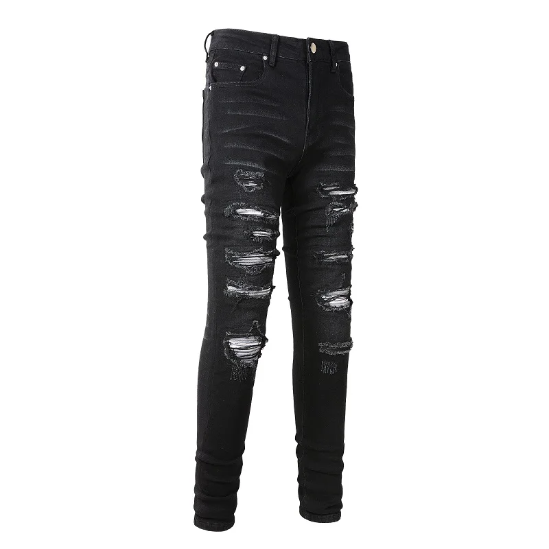 Herren Plissierte Patchwork-Biker-Jeans Streetwear Skinny Tapered Stretch-Denim-Hose Zerrissene Patchwork-Schwarze Hose – Detail 4