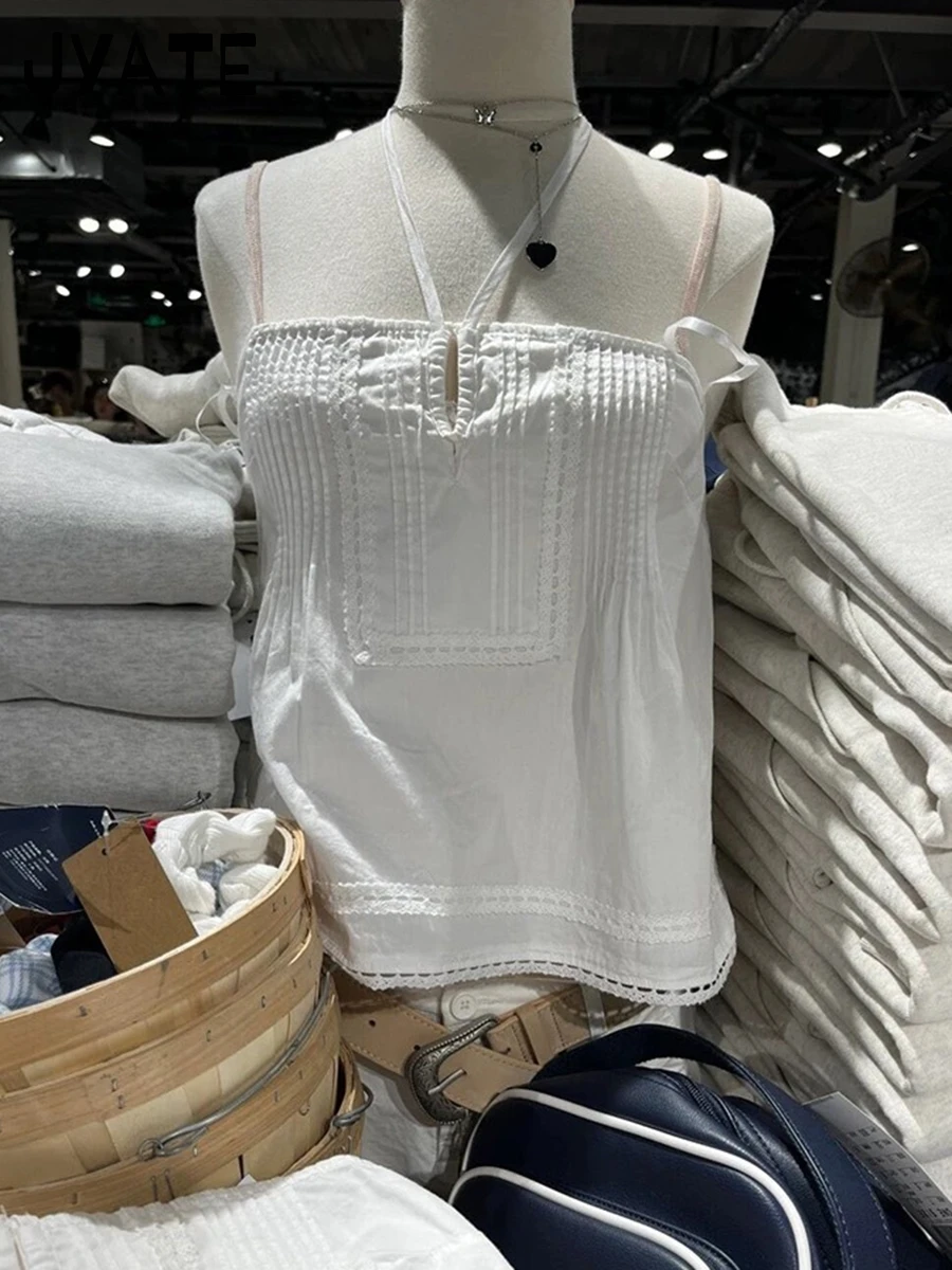 女性用の白いスクエアネックホルターストラップキャミソール、コットンレーストリム、ノースリーブベスト、甘いヴィンテージシックなタンクトップ、y2k、かわいい、新しい、夏