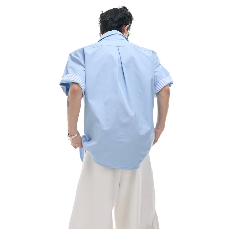 LUZHEN Personalized Original Fake Two Piece Design Short Sleeve Shirts Stripe Printed Splicing Shoulder Pad Luxury Tops JY1696