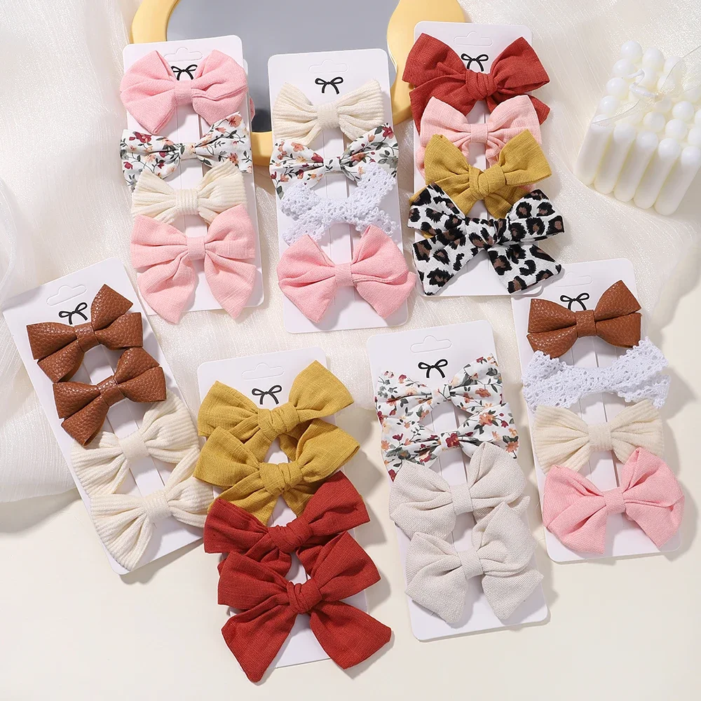 4PCS/Set Baby Bows Hair Clips Muslin Girls Hairpins Hairclip For Kids Cotton Linen Barrette Flower Print Side Pin Accessories