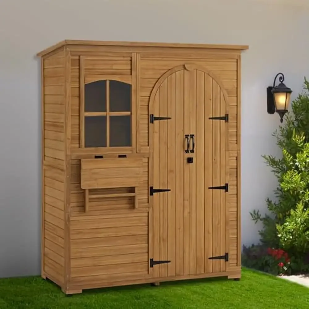 Outdoor Wooden Storage Cabinet with Waterproof Roof 3 Shelves Anti Tip Bracket Kit Foldable Table House Shaped Tall Tool Shed