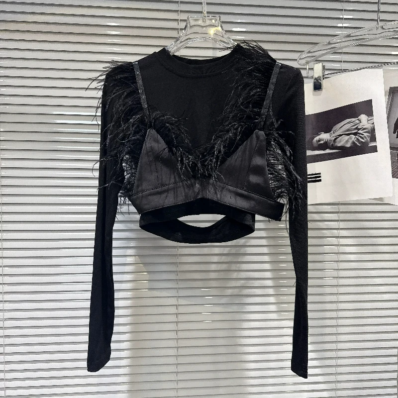 Women Elegant Set Feather Trim V Neck Cami Bra Long Sleeve Top Sparkly Mesh Skirt Night Party Clubwear Black Matching Suit