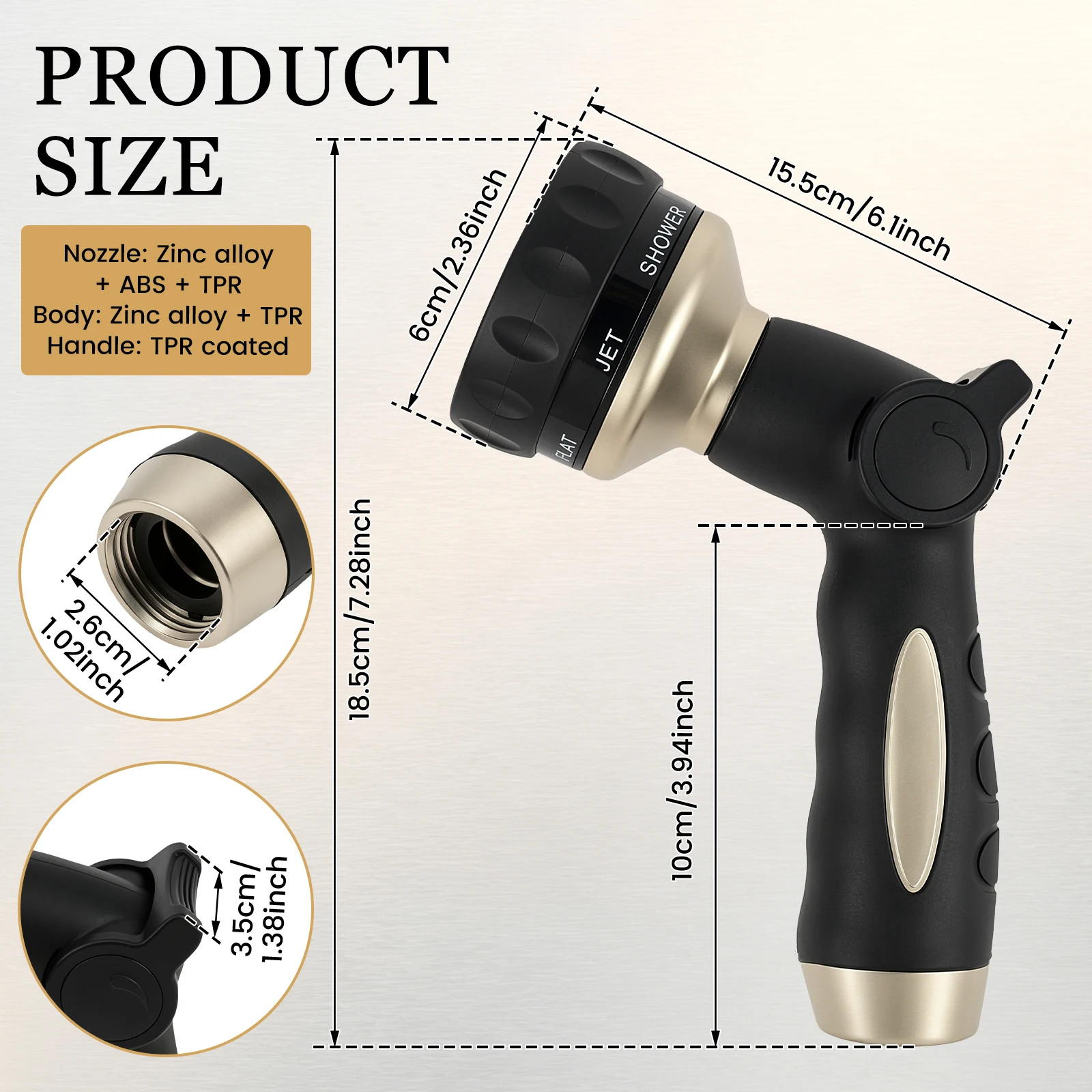 7 Pattern Garden Hose Nozzle Heavy Duty Zinc Alloy Water Spray Gun with Thumb Control Lever for Watering Lawn Car Wash Cleaning