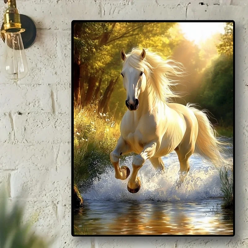 مجموعة طلاء ماسية خماسية الأبعاد - حصان أبيض مهيب يطير النهر، فن فسيفساء حجر الراين المستدير بالكامل، قماش 29.97 × 39.88 سم، معرف #3