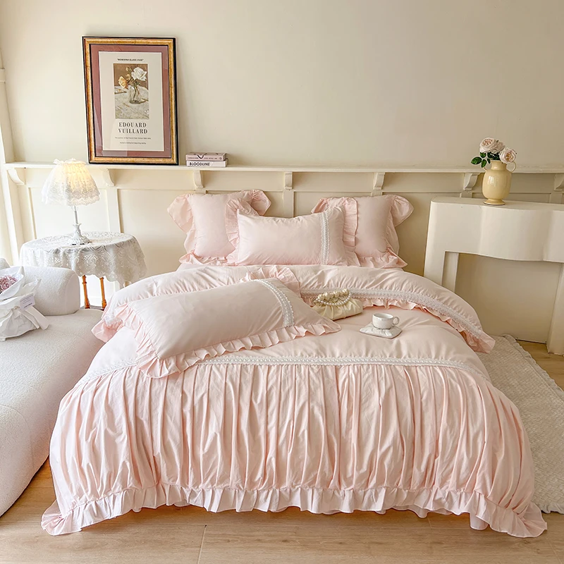 Solid Color Princess Bedding Set Korean Style Pink Egyptian Cotton Lace Embroidery Duvet Cover Bed Sheet Linen Pillowcases