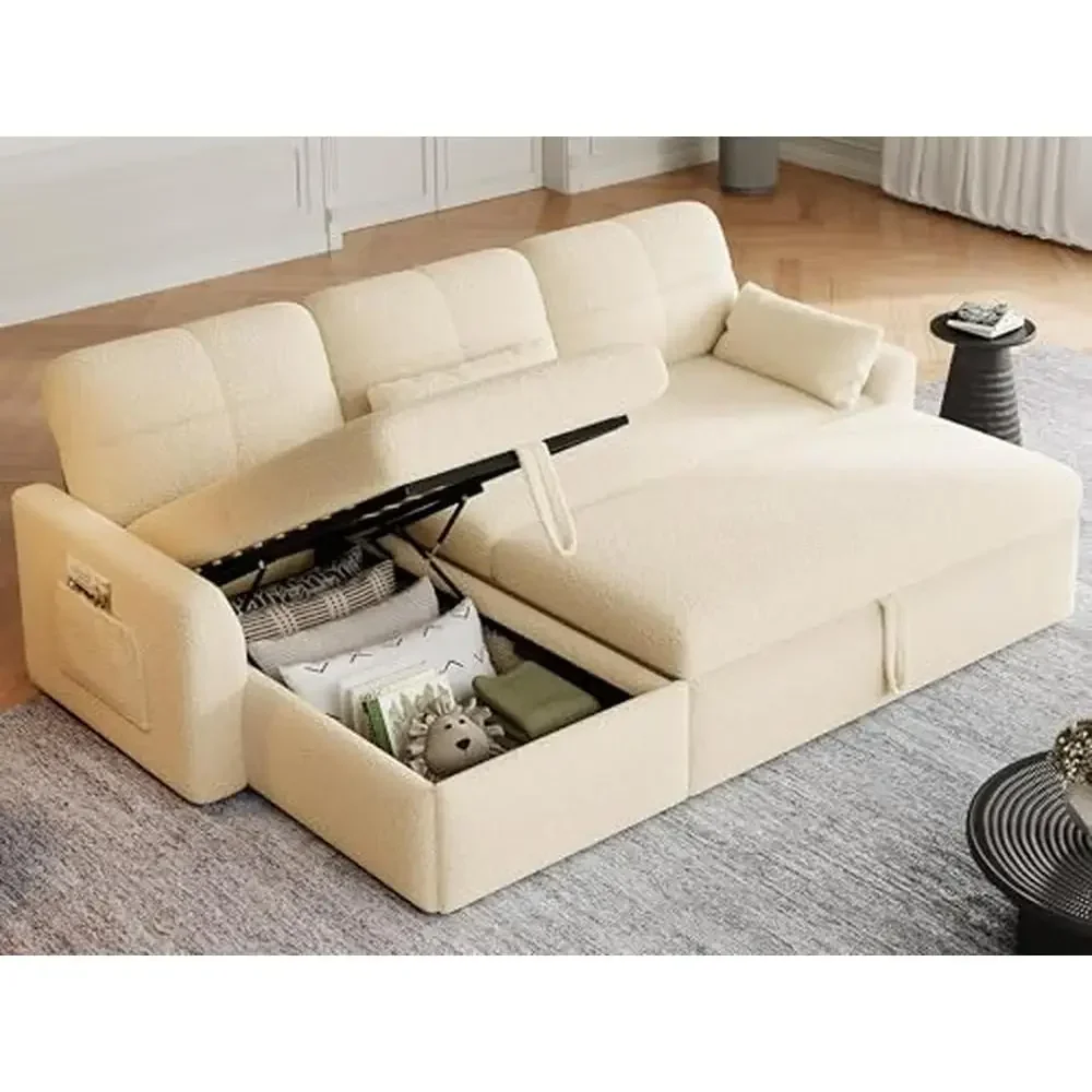 

86" Sectional Sofa Bed with Pull-Out Sleeper Storage Chaise Teddy Fleece Cover High Rebound Cushion L-Shape Convertible Sofa