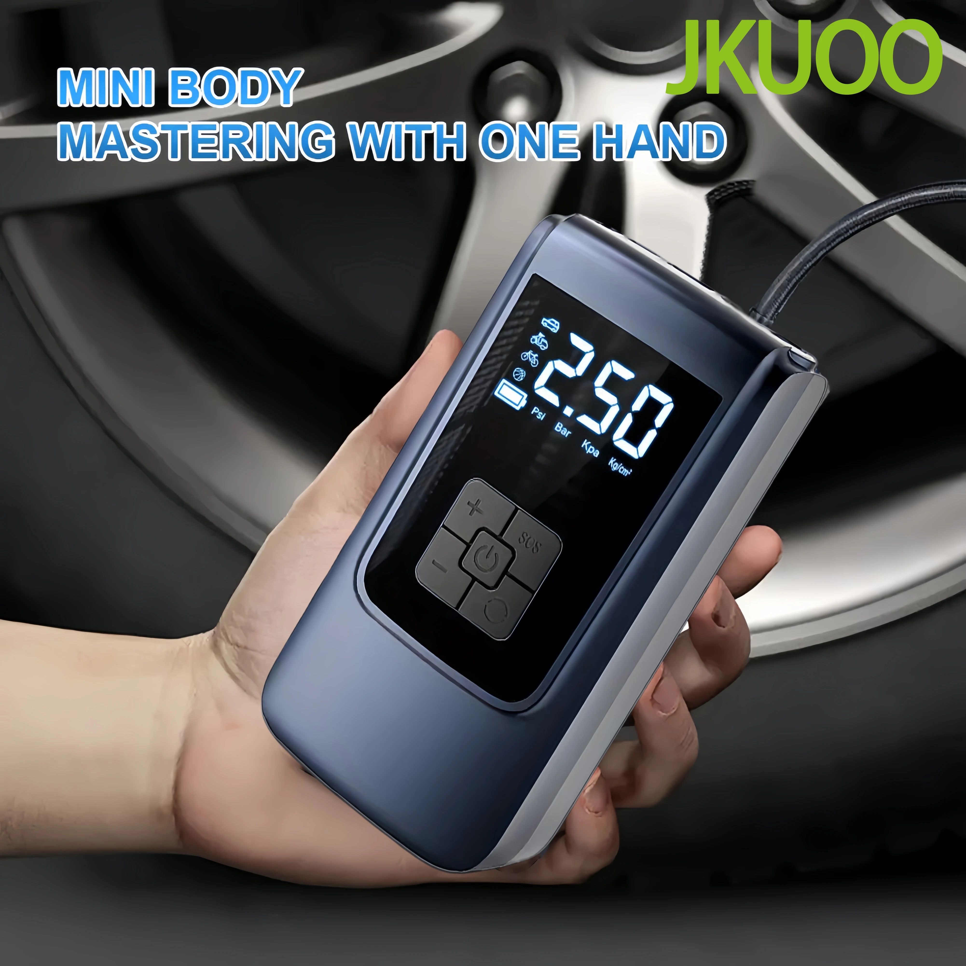 JKUOO Wireless Electric Car Air Compressor 150PSI Tire Inflation Pump 5800mAh Portable for Motorcycle Bicycle & Vehicle Tires