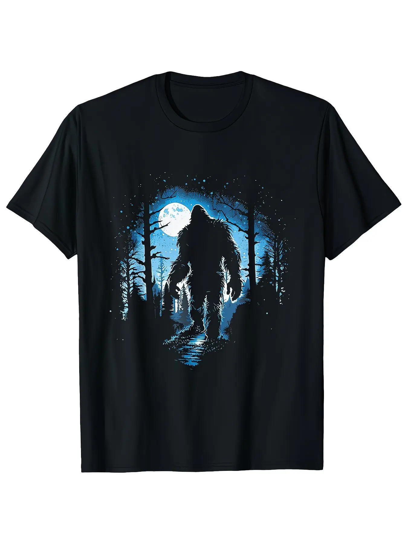 Men'S Sasquatch Cryptid T-Shirt Size 3XL, Black Retro Forest Night Scene with Moon And Pine Trees, Casual Themed Events, Cryptozoology Apparel, Unisex, 22G Pure, Printed, Crew Neck, Slight Stretch, Regular Fit