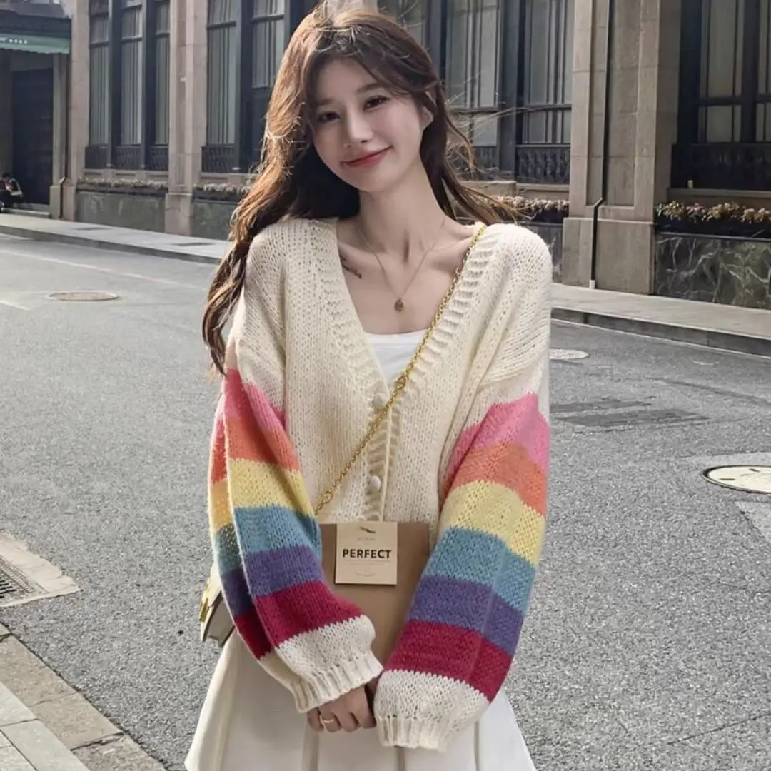 

Rainbow Knitted Open Cardigan Loose Design Sweet School Sle ort Coat for Ba-To-School Season Youth Faion Winter Wear