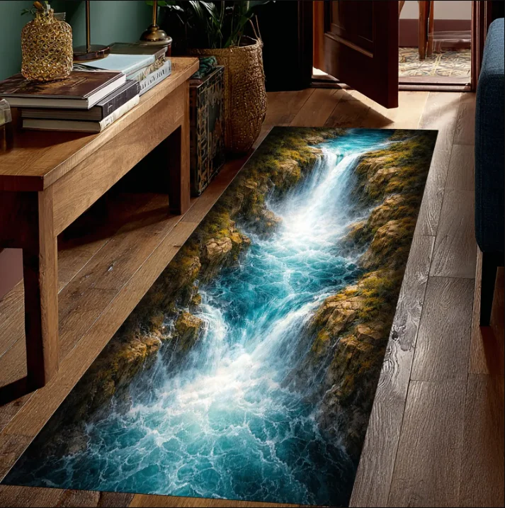 2D Hallway Kitchen Runner Rug Optical Illusion River Print Non Slip Long Runner Rug Washable Floor Carpet for Hallway Entryway
