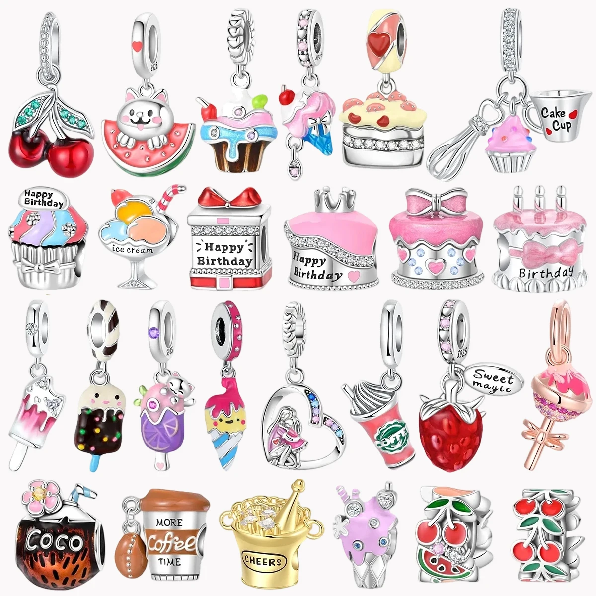 لطيف كعكة عيد ميلاد سحر 925 فضة الفاكهة الآيس كريم الحلوى المعلقات الخرز للقلادة الأصلية أساور يدوية مجوهرات #1