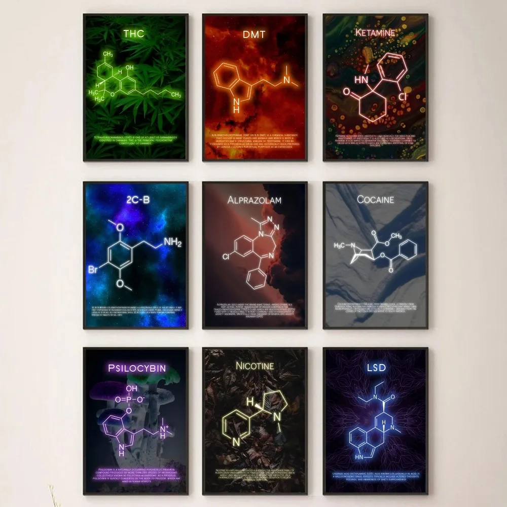 Retro Chemische Formel Medikament Moleküle Ketamin MDMA Psilocybin Molekül Poster Schlafzimmer Wohnzimmer Dekoration Wand Malerei
