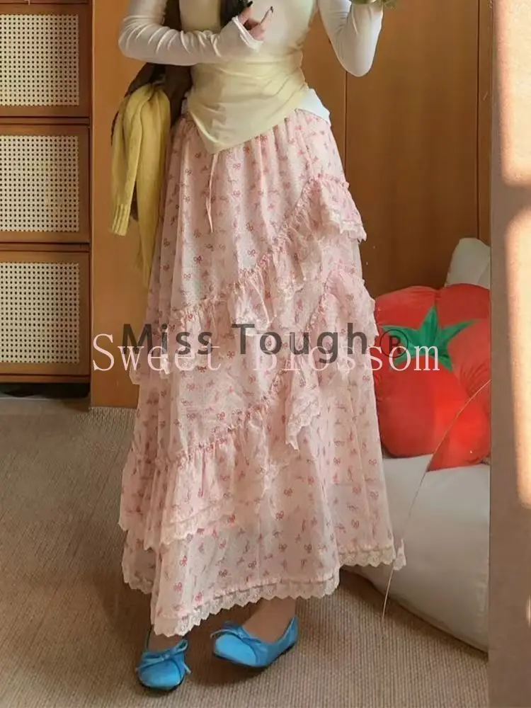 

Summer Sweet Pink Bow Print Long Skirt Women's Japanese Fashion High Waist Lovely Skirts New Pretty Y2k Fluffy Aesthetic Clothes