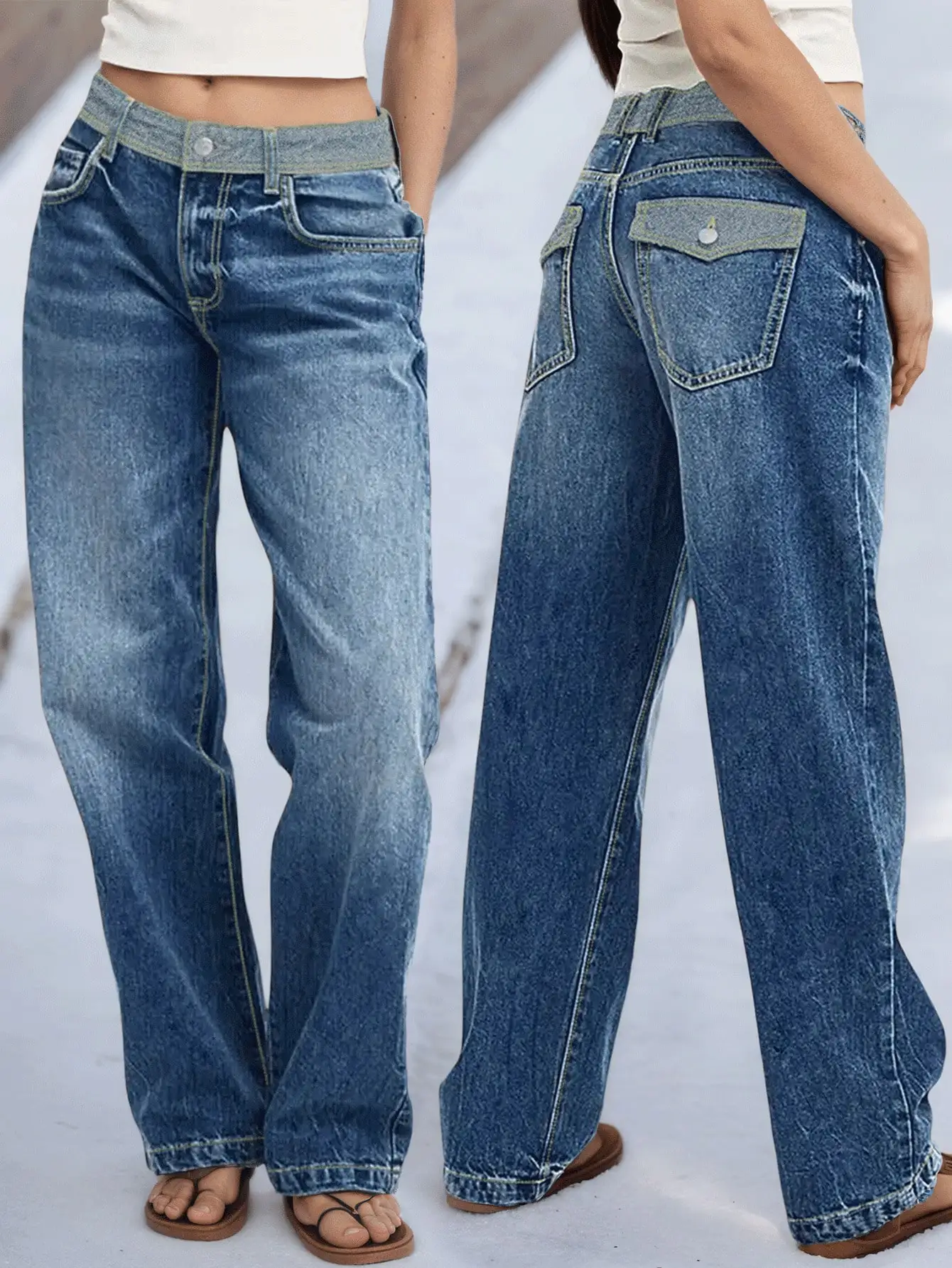 Jean en denim délavé à revers pour femme – Vêtements décontractés élégants et confortables