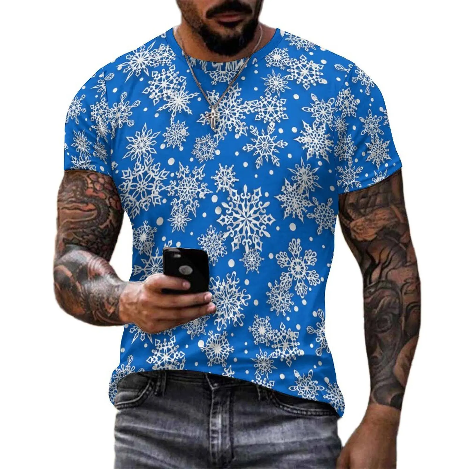 Festive Christmas Snowflake T-Shirt For Men Blue White Design O Neck T Shirts Summer Fashion Clothes Streetwear Big Size Tees