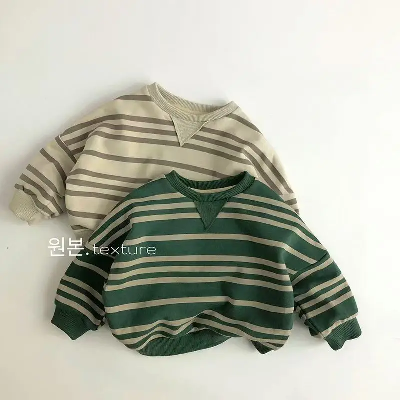 

Детский полосатый свитшот с длинными рукавами и круглым вырезом, пуловер, осенний повседневный свободный топ для мальчиков и девочек, хлопковый флис, осень