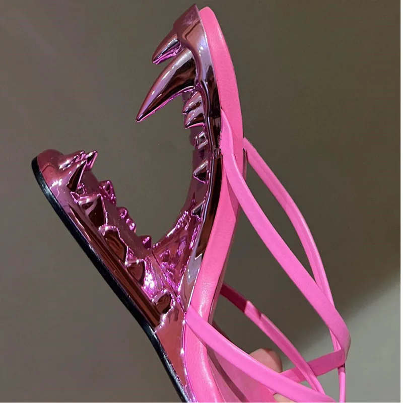 FHC 2024 New Fashion Sexy High Heels Sandals,Strange Shark Giant Teeth Hollow Out Heel,Women Summer Shoes,Gold,Silver,Dropship