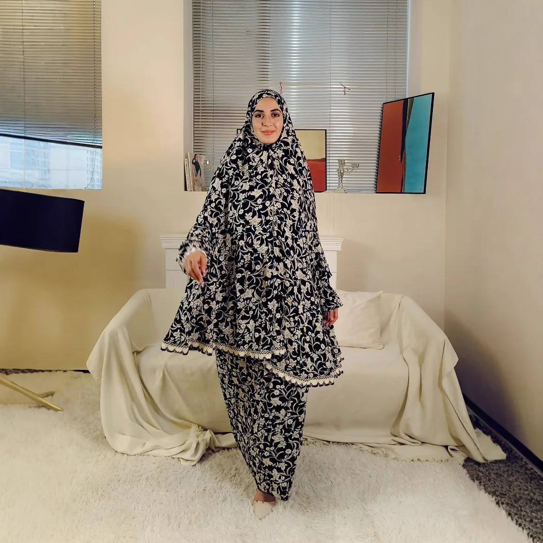 

Autumn New Muslim Fashion Abaya Dress Set Soft Rayon Cotton Prints Leisure Lady Muslim Big Size Dress with Scarf Suit