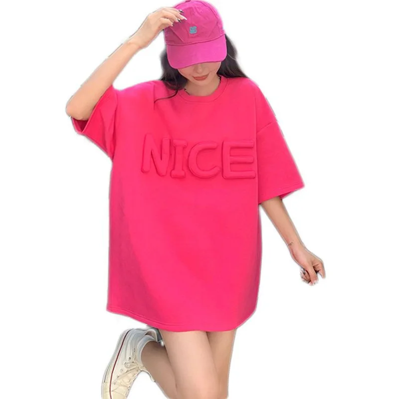 2023 Summer Fashion Round Neck Three-dimensional Letter Loose Casual Versatile Oversized Mid Length Short Sleeved Large T-shirt